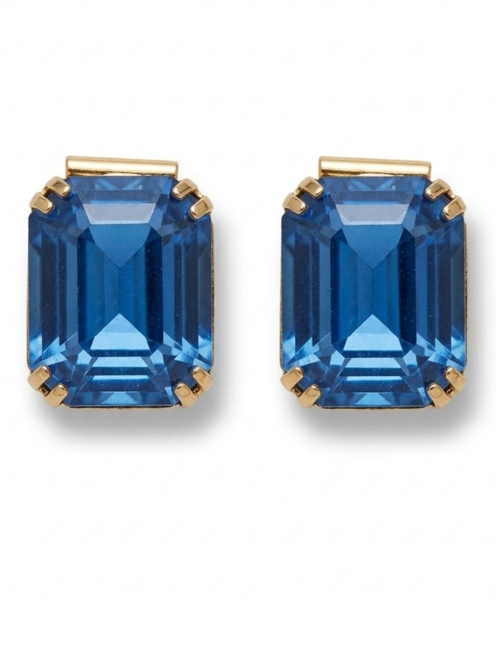 Vtg Gold Tone Clip On Earrings With Emerald Cut Blue Glass Crystals